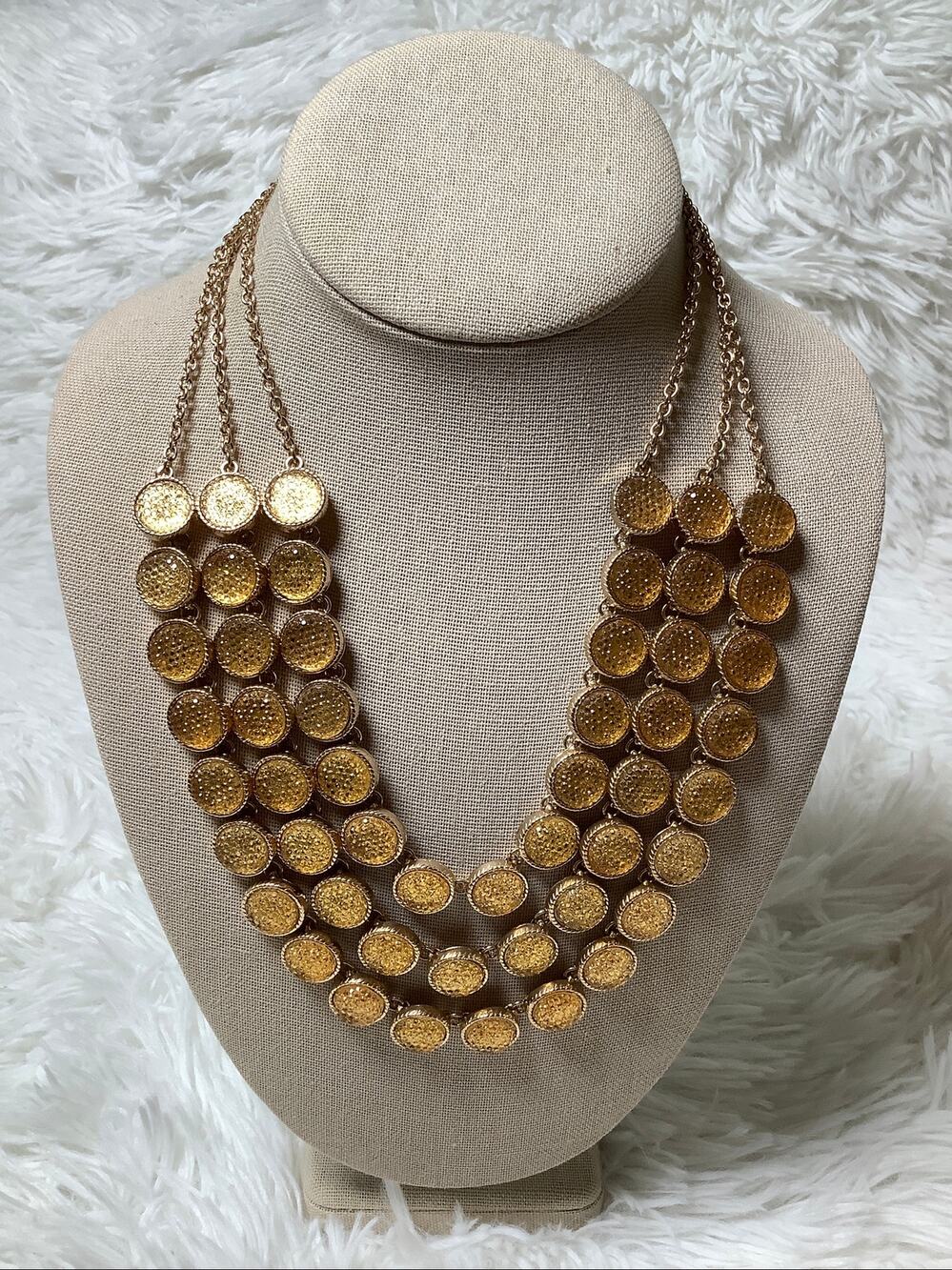 ALDO Gold Tone Multi Strand Amber Coin Chunky Bib Statement Necklace Boho F10-47